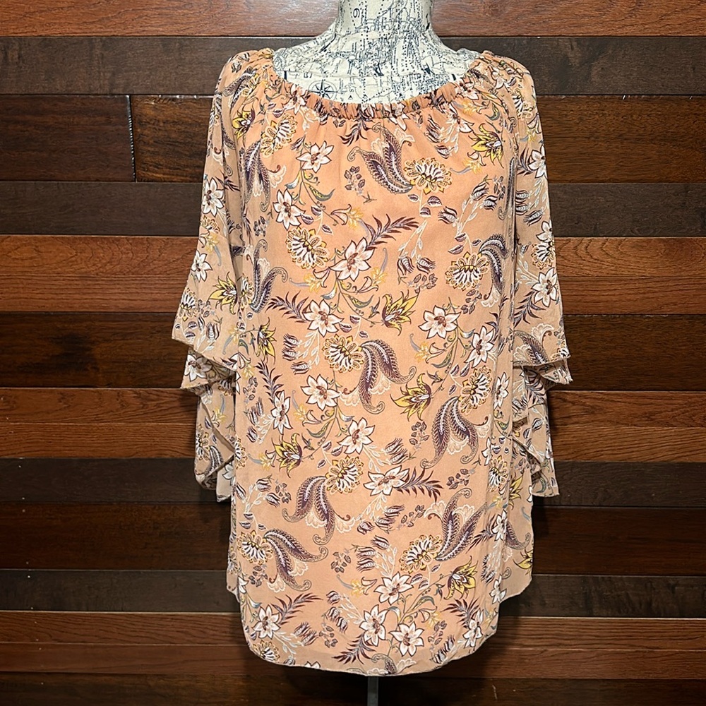 Rue21 Scoop Neck Long Sheer Sleeve Peach Floral Tunic Blouse